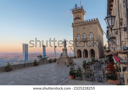 Sunrise view of the Palazzo Pubblico (Public Palace) - town hall of the City of San Marino situated on piazza della liberta..