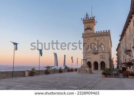 Sunrise view of the Palazzo Pubblico (Public Palace) - town hall of the City of San Marino situated on piazza della liberta..
