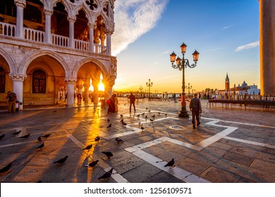 Sunrise view of piazza San Marco, Doge's Palace (Palazzo Ducale) in Venice, Italy. Architecture and landmark of Venice. Sunrise cityscape of Venice.