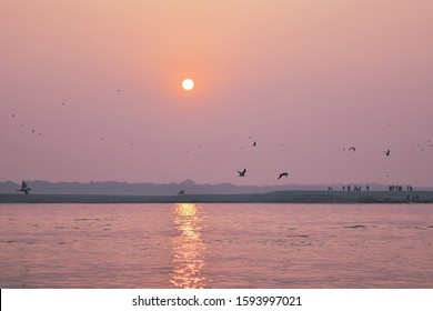 Sunrise view of River in morning at ganga ghat in Varanasi or Banaras ,Uttar Pradesh, India