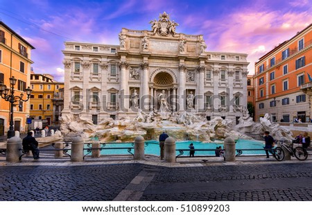 Sunrise view of Rome Trevi Fountain (Fontana di Trevi) in Rome, Italy. Trevi is most famous fountain of Rome. Architecture and landmark of Rome. Postcard of Rome