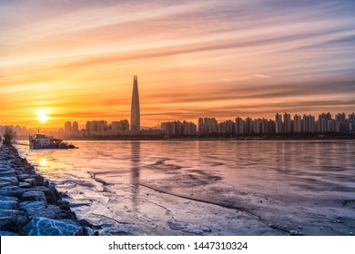 Sunrise View Seoul City Downtown With Han River Is Ice On Winter.