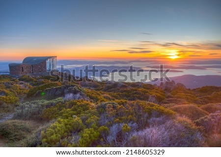 Sunrise view of shelter at Mount Wellington in Hobart, Australia