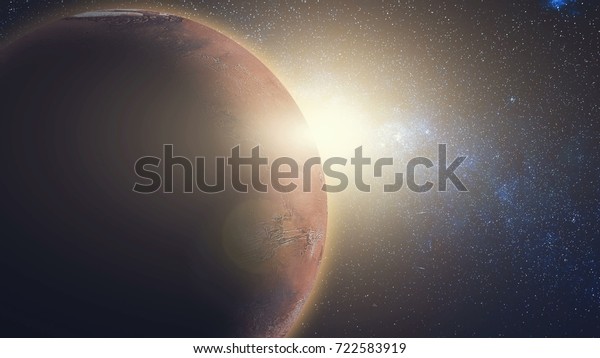 Sunrise view from space: Mars in sun beams. Red
Planet close up with black universe of stars. High detail 3D Render
animation. Abstract scientific background. Elements of this image
furnished by NASA
