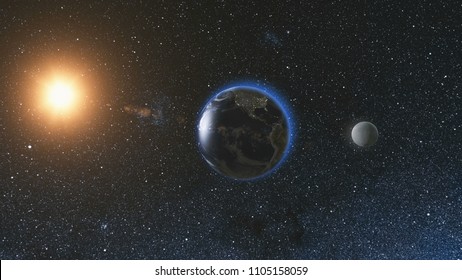 Sunrise view from space on Planet Earth and Moon rotating in space against the background of the star sky and the Sun. Seamless loop. Astronomy and science concept. Elements of image furnished by NASA - Powered by Shutterstock