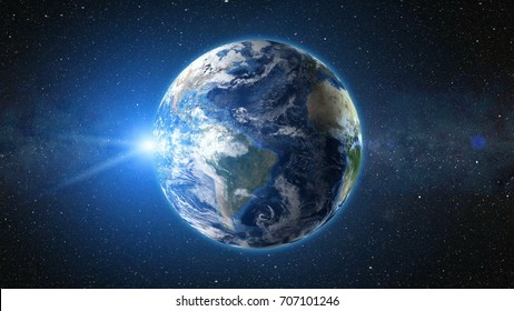 Sunrise view from space on Planet Earth. South America zone. World in black Universe in stars. High detailed 3D Render animation. Realistic world globe. Elements of this image furnished by NASA - Shutterstock ID 707101246