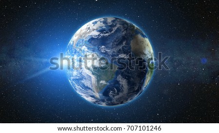 Sunrise view from space on Planet Earth. South America zone. World in black Universe in stars. High detailed 3D Render animation. Realistic world globe. Elements of this image furnished by NASA