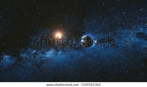 Sunrise view from space on Planet Earth and Moon\
rotating in space. Blue sky Milky Way with thousand stars in the\
background. Astronomy and science concept. Elements of image\
furnished by NASA