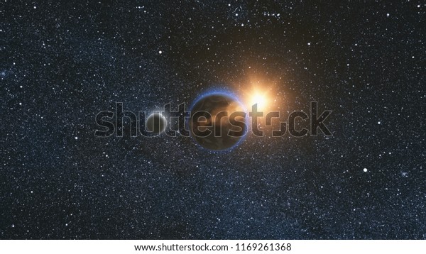 Sunrise view from space on Planet Earth and Moon\
rotating in space against the background of the star sky and the\
Sun. Seamless loop. Astronomy and science concept. Elements of\
image furnished by NASA