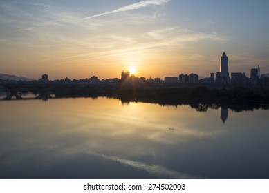 Sunrise View Of Taipei City From Tamsui River