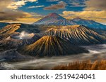 Sunrise at volcano Bromo, Java island, Indonesia. Panoramic aerial view