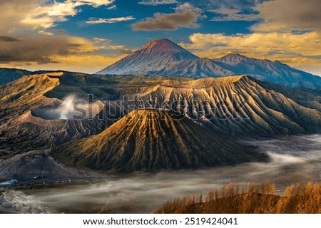 Sunrise at volcano Bromo, Java island, Indonesia. Panoramic aerial view