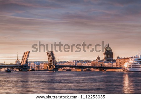 Sunrise in white nights over the Neva river in Saint-Petersburg, Russia