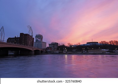 Sunrise in Wichita, Kansas - downtown buidlings accross Arkansas River