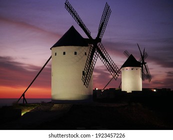 Sunrise At The Windmills Of Alcázar De San Juan. In Castilla La Mancha, Land Of Don Quixote And In The Region Of Campo De San Juan.