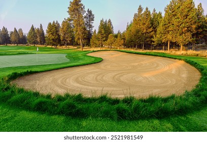 SUNRIVER GOLF COURSE SAND TRAP LINED WITH TALL GREEN GRASS AND PONSEROSA OINES IN THE BACKGROUND IN DESCHUTES COUNTY OREGON