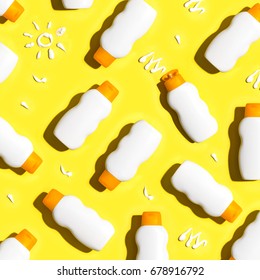 Sunscreen bottles arranged on a bright yellow background