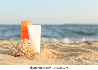 Sunscreen Cream With Coral On Sand Beach