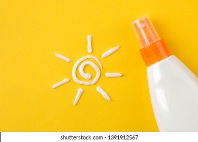 sunscreen remedy. various sunscreens and sun cream on a bright yellow background. Sun protection. Ultraviolet protection. Summer. top view. - Shutterstock ID 1391912567