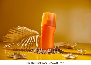 Sunscreen tube mockup with shells, sand yellow background, summer vacations and spf uv-protecting skin care concept, hard light.