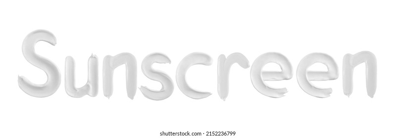 Sunscreen word written with cream strokes on white background, spf smear text cut out