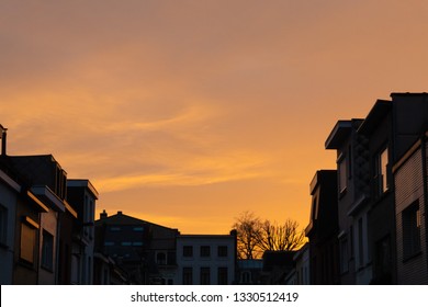 Sunset Above Buildings In Suburban Street At Night, Antwerp Belgium