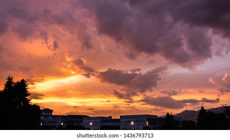 Sunset Above Buildings In Suburban Street At Night, Ioannina Greece