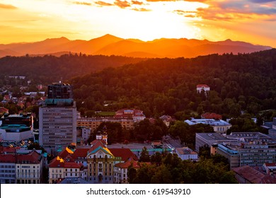 Sunset above Ljubljana with background mountains aerial view, capital of Slovenia - Shutterstock ID 619543910