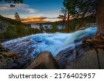 Sunset above Lower Eagle Falls with Emerald Bay in the background, Lake Tahoe, California.