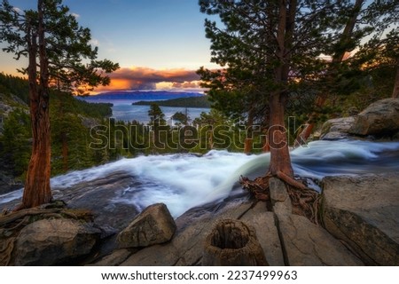 Sunset above Lower Eagle Falls with Emerald Bay in the background, Lake Tahoe, California. [[stock_photo]] © 