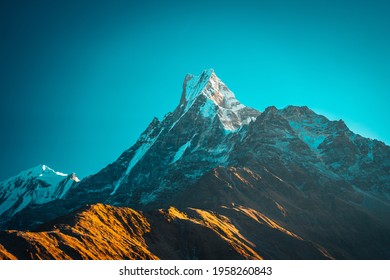 Sunset above Machapuchare Mardi Himal track in the Himalaya mountains