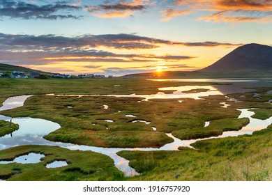 Sunset across the salt marsh at Northton on the Isle of Harris in Scotland