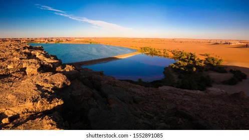 Sunset Aerial Panoramic View To Yoa Lake Group Of Ounianga Kebir Lakes , Ennedi, Chad