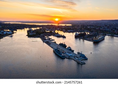 Sunset aerial of the port of Varna in Bulgaria