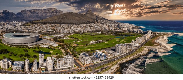 sunset aerial view of Cape Town city in Western Cape province in South Africa , international iconic destination