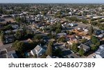 Sunset aerial view of the Central Valley city of Manteca, California, USA.