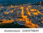 Sunset aerial view of city center of Italian town Ascoli Piceno.