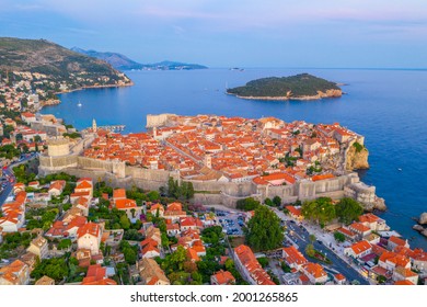 Sunset aerial view of Croatian town Dubrovnik and Lokrum island