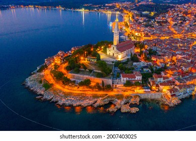 Sunset aerial view of Croatian town Rovinj