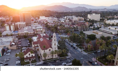 Sunset aerial view of downtown Riverside, California. 