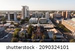 Sunset aerial view of downtown Stockton, California, USA.