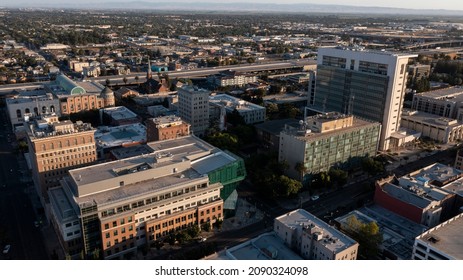 Sunset Aerial View Of Downtown Stockton, California, USA.