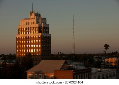 Sunset Aerial View Of Downtown Stockton, California, USA.