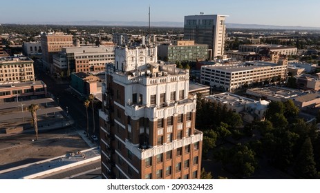 Sunset Aerial View Of Downtown Stockton, California, USA.