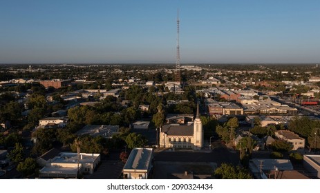 Sunset Aerial View Of Downtown Stockton, California, USA.