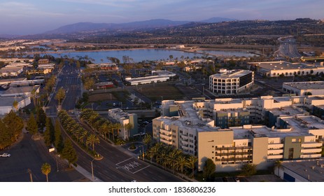 Sunset Aerial View Of The Eastern Skyline Of Anaheim, California, USA.