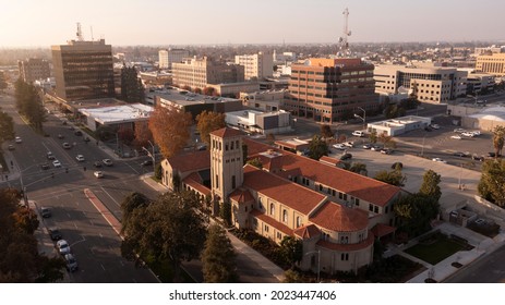 Sunset aerial view of historic downtown Bakersfield, California, USA.