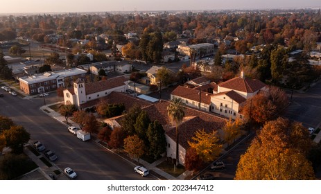 Sunset aerial view of historic downtown Bakersfield, California, USA.