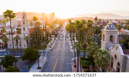 Sunset aerial view of historic downtown Riverside, California.
