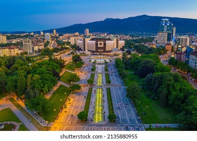 Sunset aerial view of the National Palace of Culture in Sofia, Bulgaria